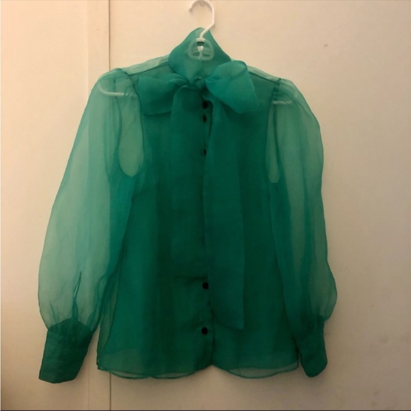 Zara green sheet organza blouse pussy bow dramatic chic S - Picture 2 of 12